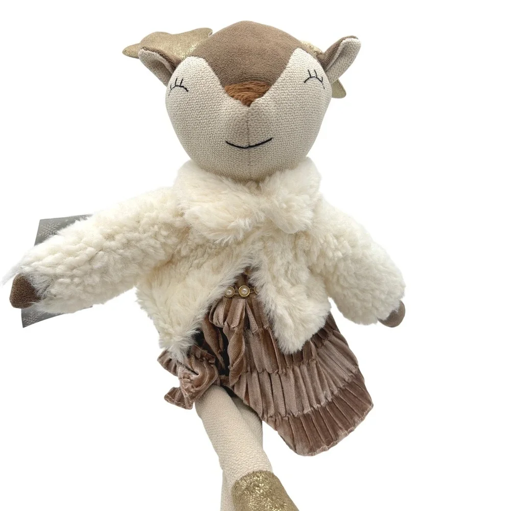 Winter Dreams Reindeer Plush Doll Gold Antlers Faux Fur Jacket Velvet Skirt 21in